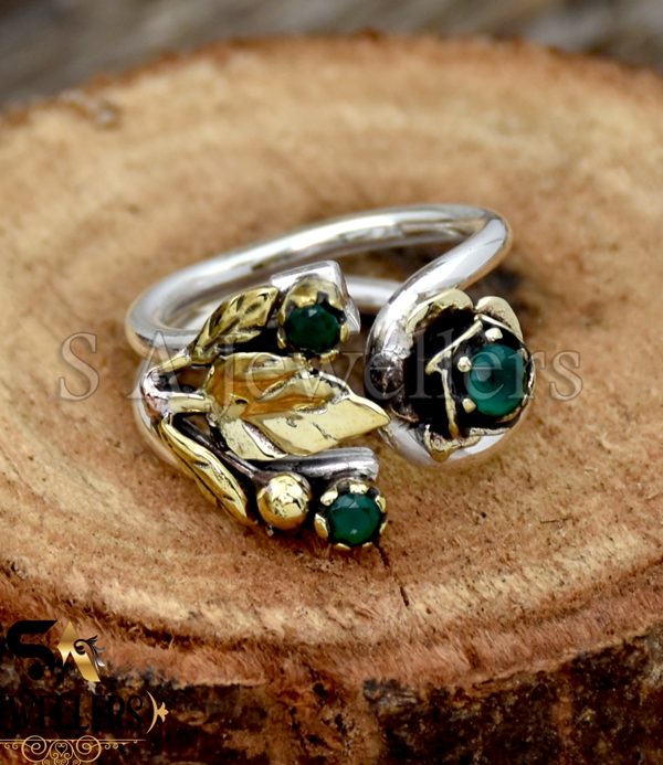 Indian Emerald Silver Ring, 925 Sterling Silver Ring, Two Tone Leaf Ring