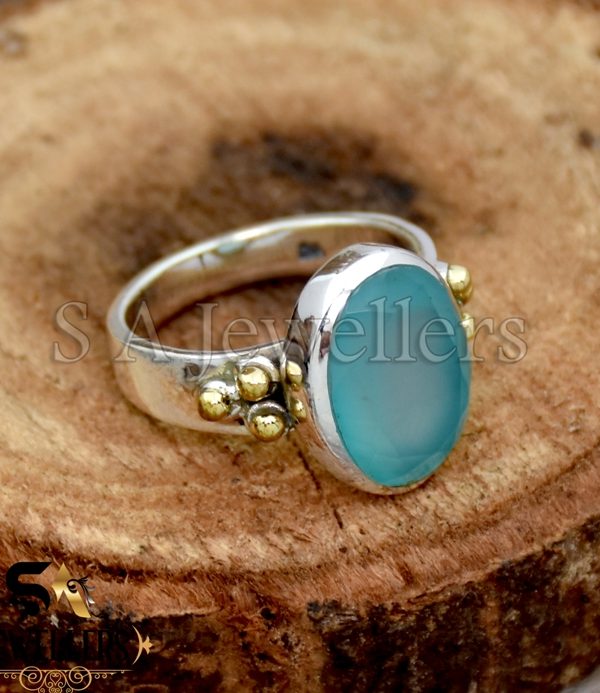 925 Sterling Silver Ring, Aqua Chalcedony Silver Ring, Two Tone Ring