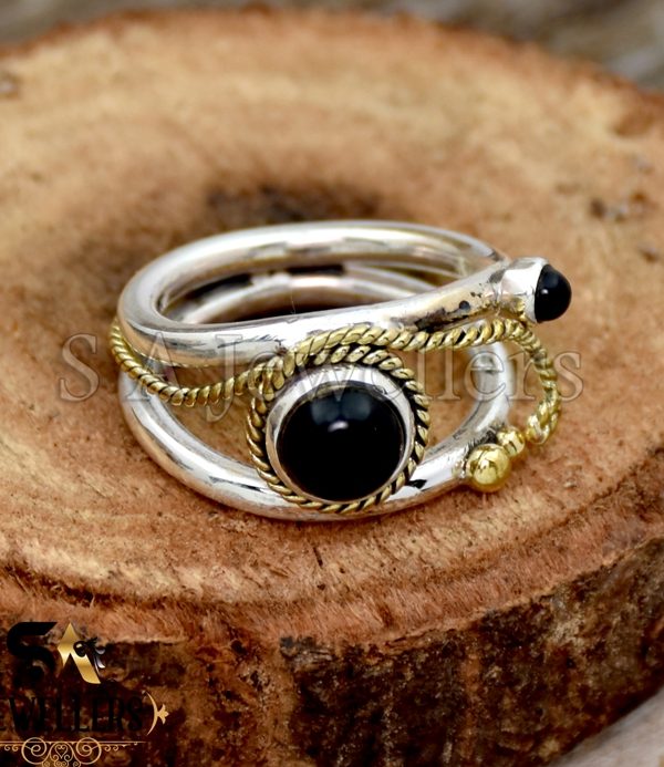 925 Sterling Silver Ring, Black Onyx Silver Ring, Two Tone Ring, Gift For Her,