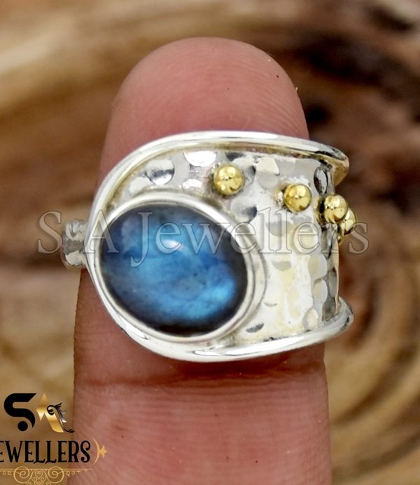 Blue Labradorite Silver Ring, Brass Ball Ring, 925 Sterling Silver Ring,