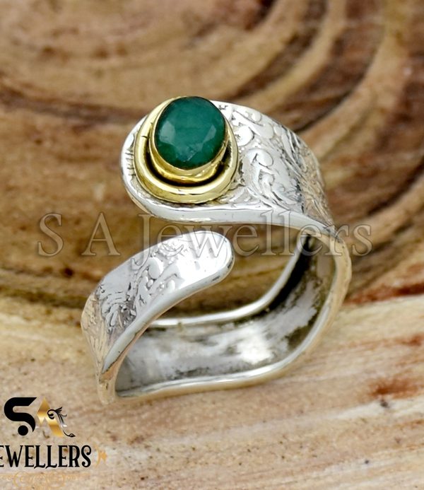 Indian Emerald Silver Ring, Two Tone Ring, 925 Sterling Silver Ring