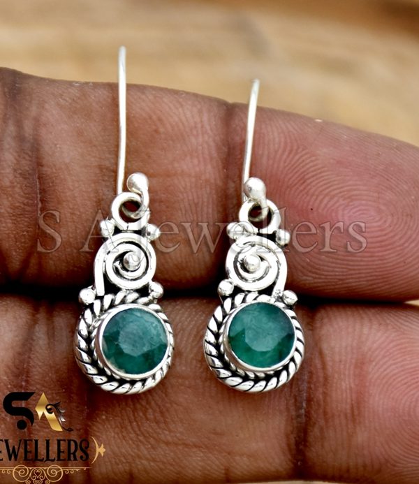 Indian Emerald Earring, 925 Sterling Silver Earring, Bezel Silver Earring