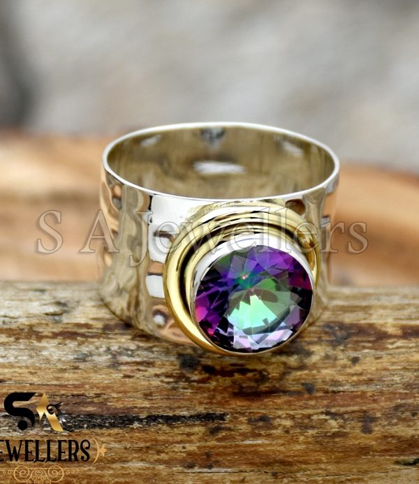 Mystic Topaz Ring, 925 Sterling Silver, Wide Hammered Band, Two Tone Ring