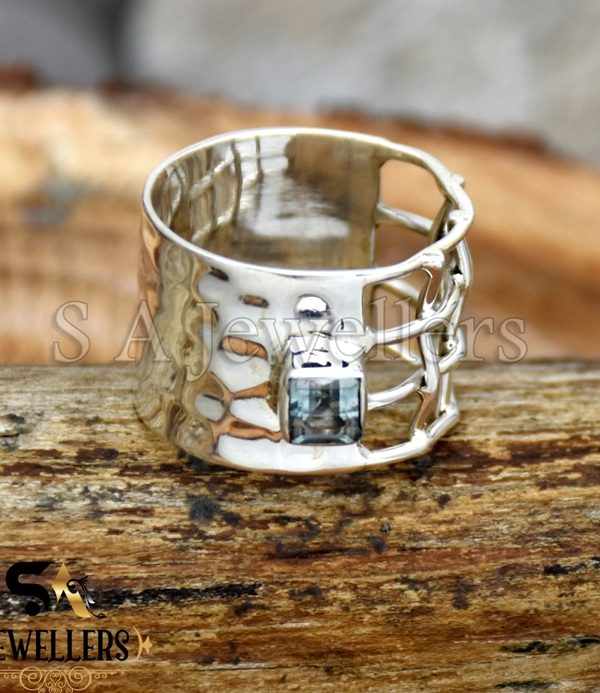 Blue Topaz Ring, 925 Sterling Silver, Wide Hammered Band, Gift For Her