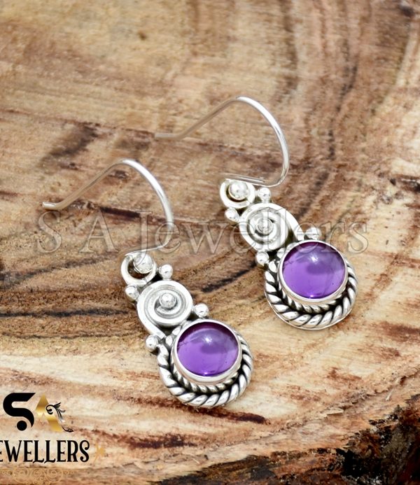 Amethyst Silver Earrings, 925 Sterling Silver Earring, Cabochon Earring