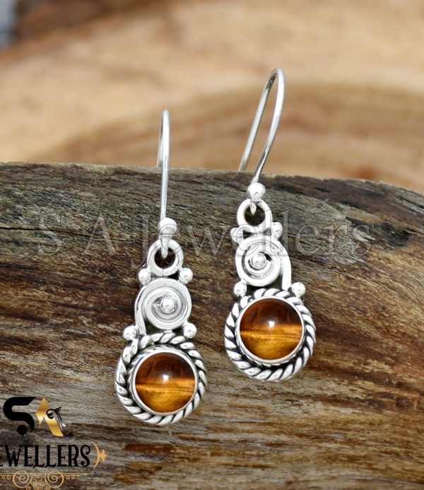 Dangle Drop Earring, Natural Tiger Eye Earrings, 925 Sterling Silver Earring
