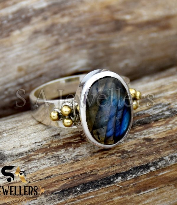 Blue Labradorite Silver Ring, 925 Sterling Silver Ring, Two Tone Ring