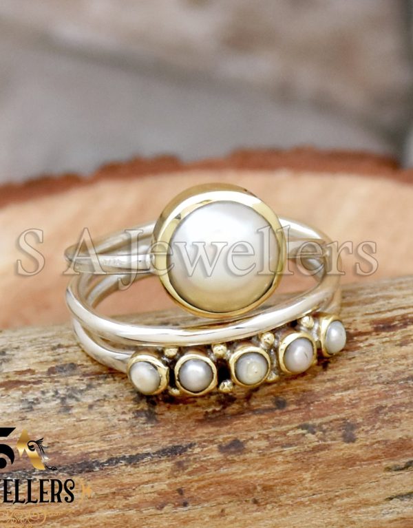 White Pearl Ring, 925 Sterling Silver Ring, Tow Tone Ring, Handmade Ring