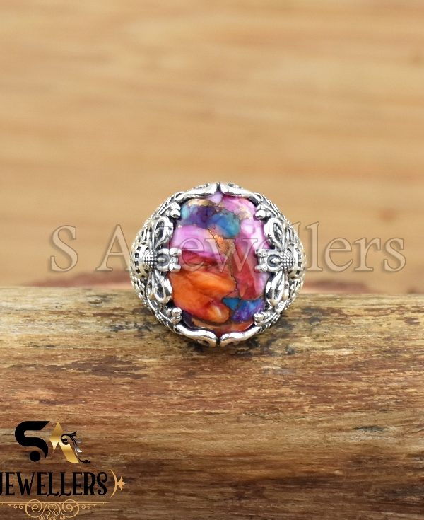 Silver Butterfly Ring, Kingman Pink Dahlia Ring, 925 Sterling Silver Men Ring