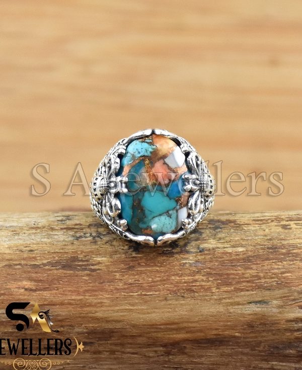 Oyster Turquoise Ring, Men's Butterfly Ring, 925 Sterling Silver Ring,