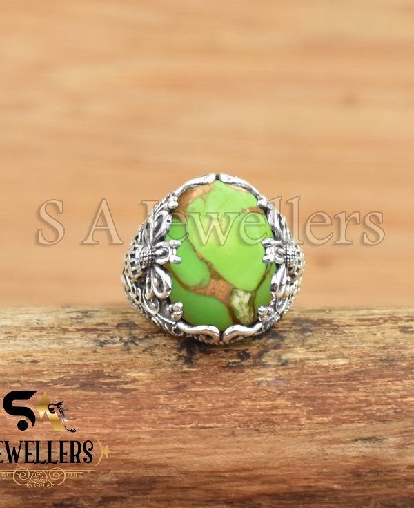 Silver Butterfly Ring, Green Copper 925 Sterling Silver Ring, Designer Ring, Turquoise Ring,