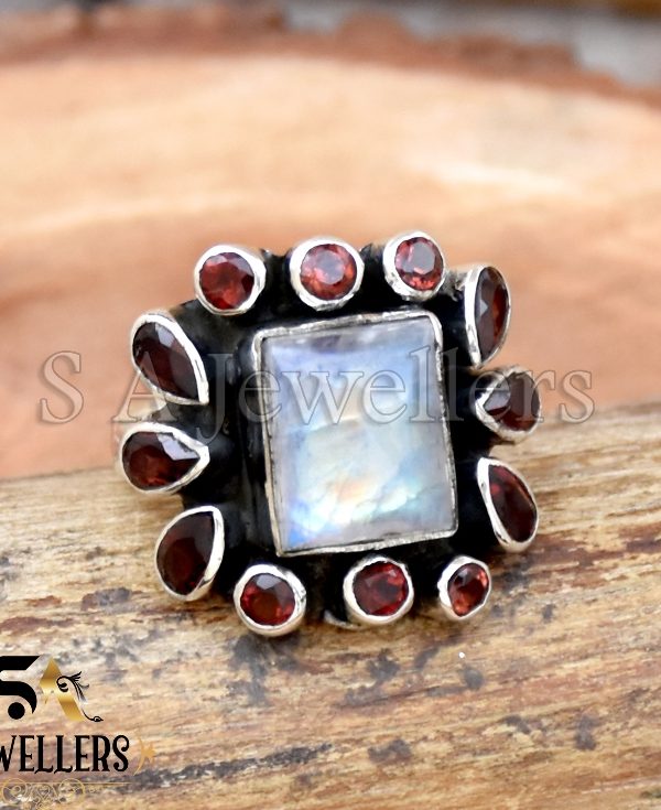 Moonstone and Garnet Ring, 925 Sterling Silver Ring, Handmade Ring,