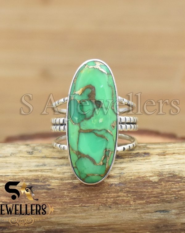 Green Copper Turquoise Ring, Gemstone Ring, 925 Sterling Silver Ring,