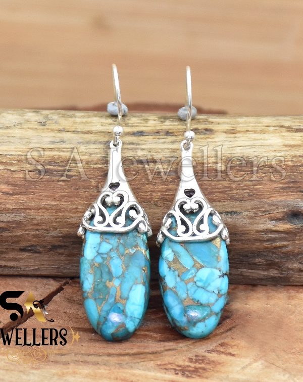 Blue Copper Earring, 925 Sterling Silver Earring, Turquoise Jewelry Earing,