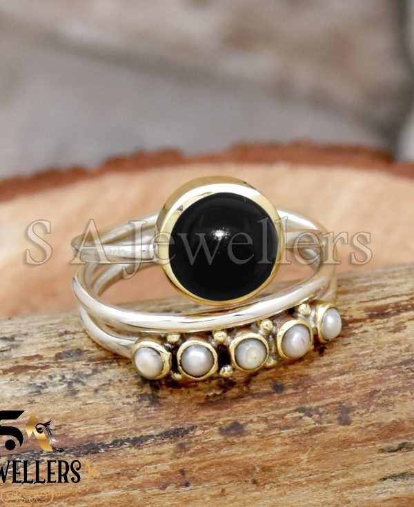 Black Onyx Ring Natural Pearl Ring, Wire Wrap Ring, 925 Sterling Silver Ring