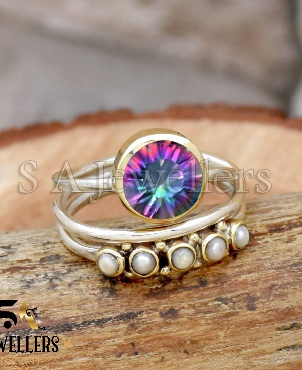 Mystic Topaz Ring, Natural Pearl Ring, Tow Tone Ring, 925 Sterling Silver Ring,