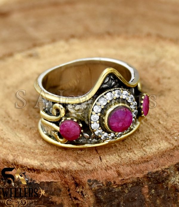 Indian Ruby Ring, Ruby & CZ Ring, 925 Sterling Silver Two Tone Ring, Textured Ring
