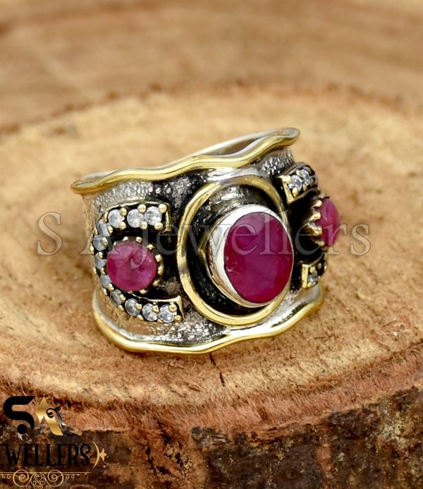 Ruby & CZ Ring, Indian Ruby Ring, 925 Sterling Silver Two Tone Ring, Textured Band Ring