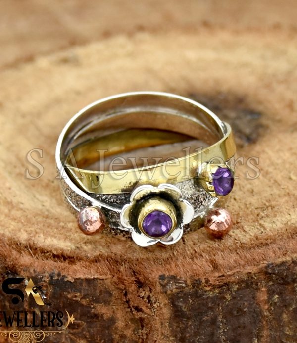 Natural Amethyst Flower Ring, 925 Sterling Silver Three Tone Ring, Textured Band Ring