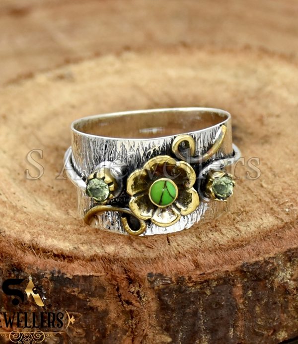 Green Copper Turquoise Flower Ring, 925 Sterling Silver Two Tone Ring, Textured Band Ring