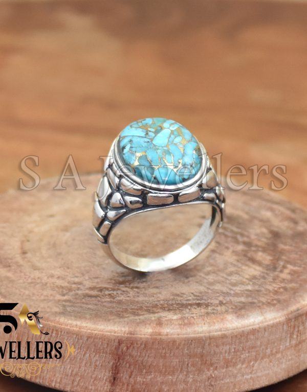 Blue Copper Turquoise Ring, 925 Sterling Silver Ring, Men's Ring, Handmade Jewelry