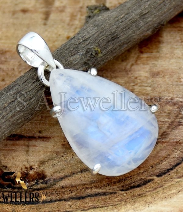 Natural Rainbow Moonstone Prong Pendant, 925 Sterling Silver Pendant