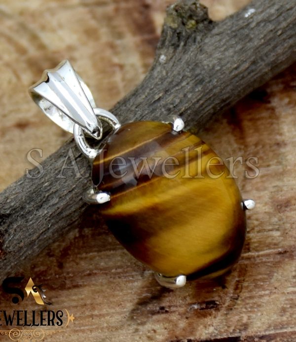 Natural Tiger Eye Pendant, 925 Sterling Silver Prong Pendant