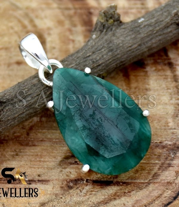Indian Emerald Faceted Pendant, 925 Sterling Silver Prong Pendant