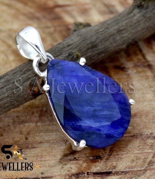 Indian Blue Sapphire Faceted Pendant, 925 Sterling Silver Prong Pendant