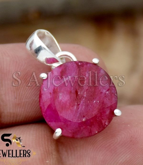 Indian Ruby Faceted Pendant, 925 Sterling Silver Prong Pendant