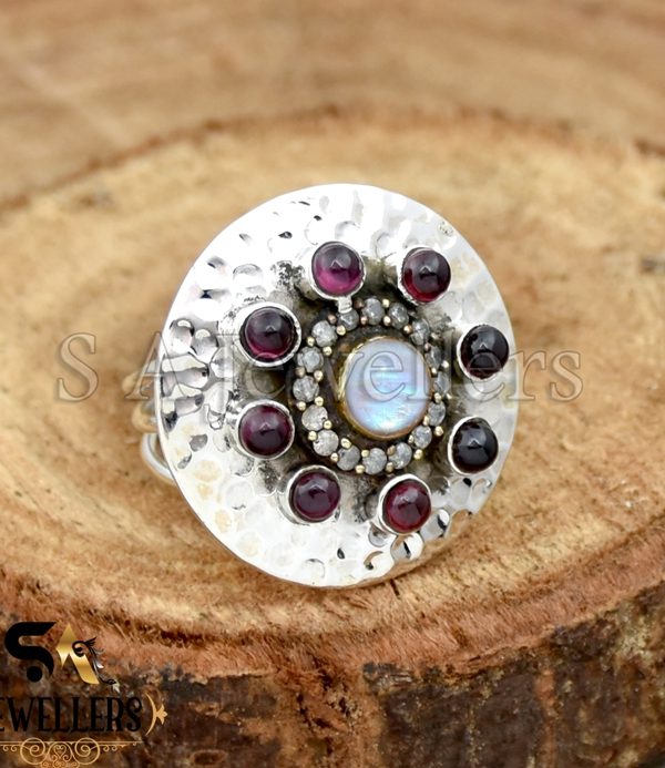Natural Rainbow Moonstone, Garnet Ring, 925 Sterling Silver, Handmade Boho Jewelry