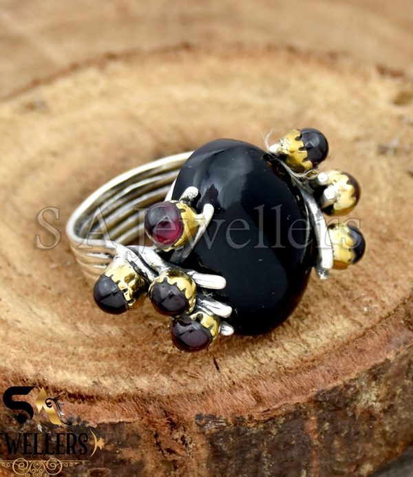 Natural Black Onyx Ring & Garnet Ring, 925 Sterling Silver, Two Tone Ring
