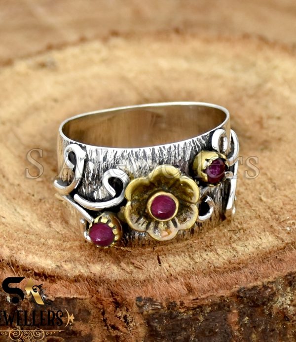 Indian Ruby Ring, 925 Sterling Silver, Two Tone Flower Ring, Oxidised jewellery