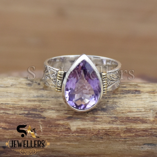 Natural Amethyst Ring, Two Tone Ring, 925 Sterling Silver, Gift For Her