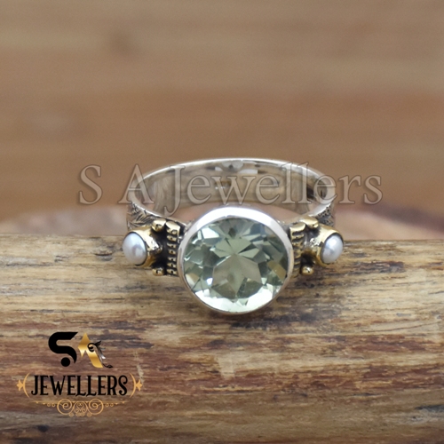 Natural Green Amethyst Ring, Pearl Ring, 925 Sterling Silver