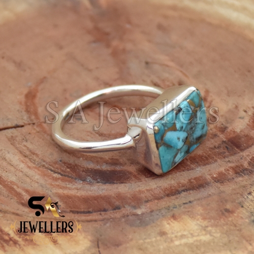 Blue Copper Turquoise Ring, Thin Band Ring, 925 Sterling Silver