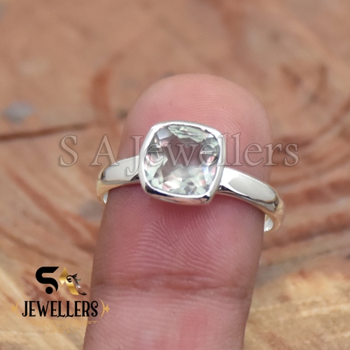 Natural Green Amethyst Ring, Faceted Cushion Ring, 925 Sterling Silver