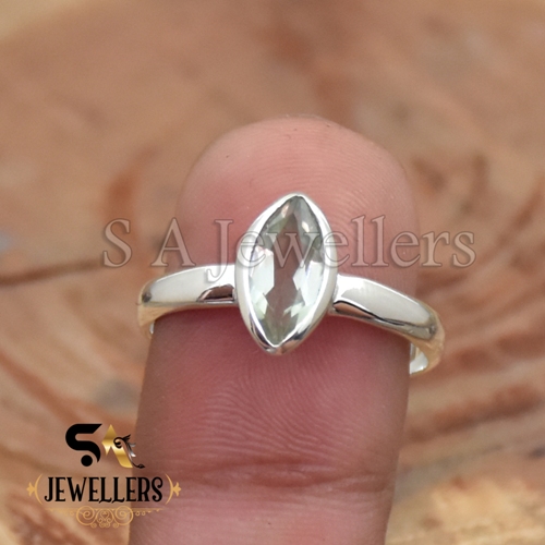 Natural Green Amethyst Ring, Marquise Cut Stone Ring, 925 Sterling Silver