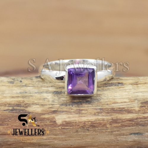 Natural Faceted Amethyst Ring, Cushion Stone Ring, 925 Sterling Silver