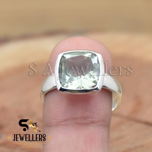 Natural Green Amethyst Ring, Faceted Stone Ring, 925 Sterling Silver Ring