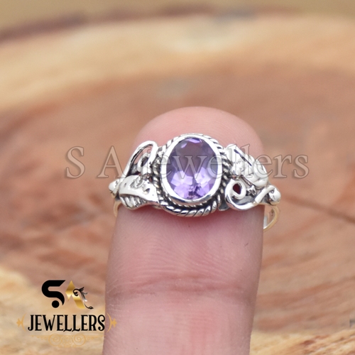 Natural Amethyst Ring, Faceted Oval Stone Ring, 925 Sterling Silver