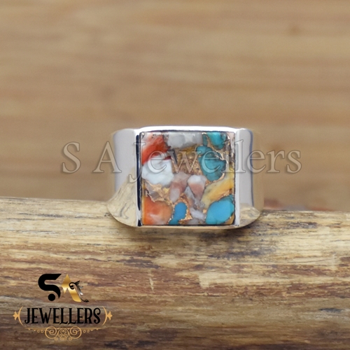 Oyster Copper Turquoise Ring, Men's Ring, 925 Sterling Silver