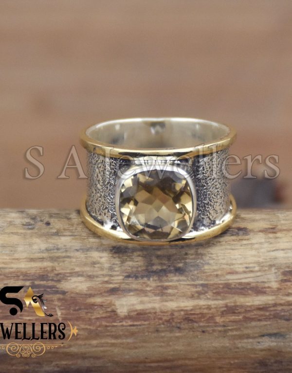 Citrine Ring, Statement Ring, Two-Tone Ring, Wide Band Ring