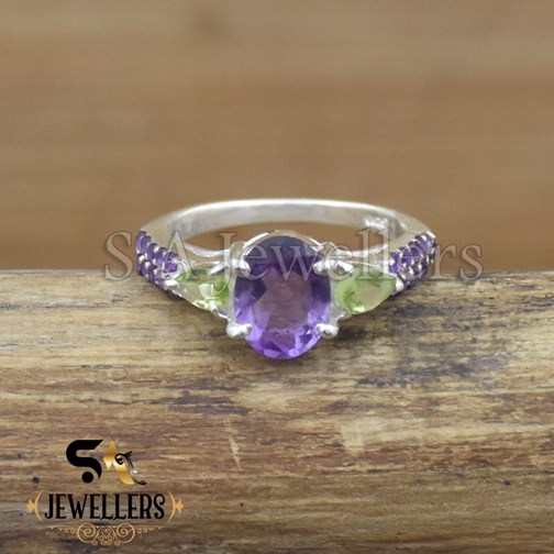 Natural Amethyst & Peridot Ring, 925 Sterling Silver Ring For Women's