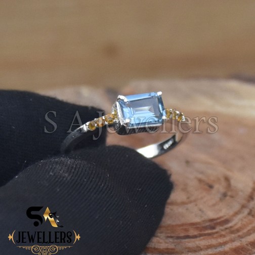 Natural Blue Topaz and Citrine Ring, 925 Sterling Silver Pinky Ring