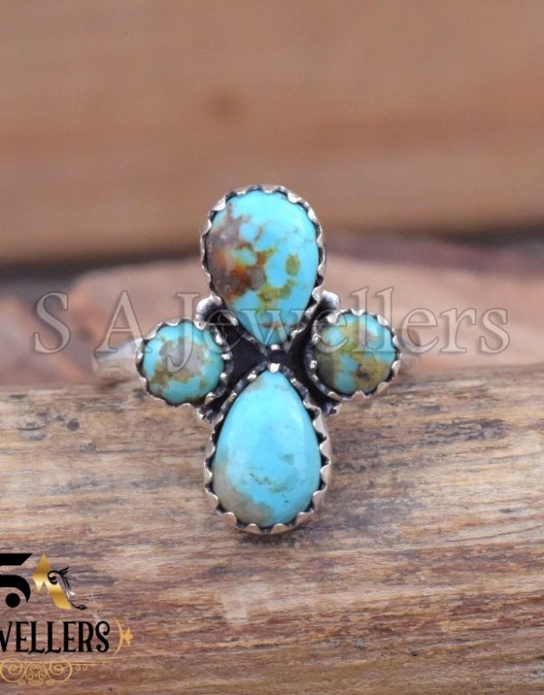 Arizona Turquoise Flower Ring, Sterling Silver Multi Stone Boho Ring