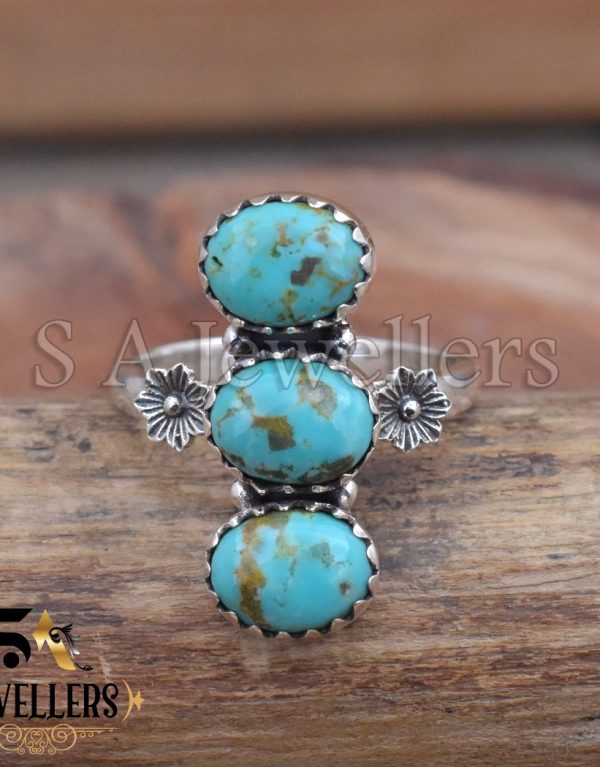 Handmade Sterling Silver Triple Turquoise Ring | Boho Gemstone Jewelry